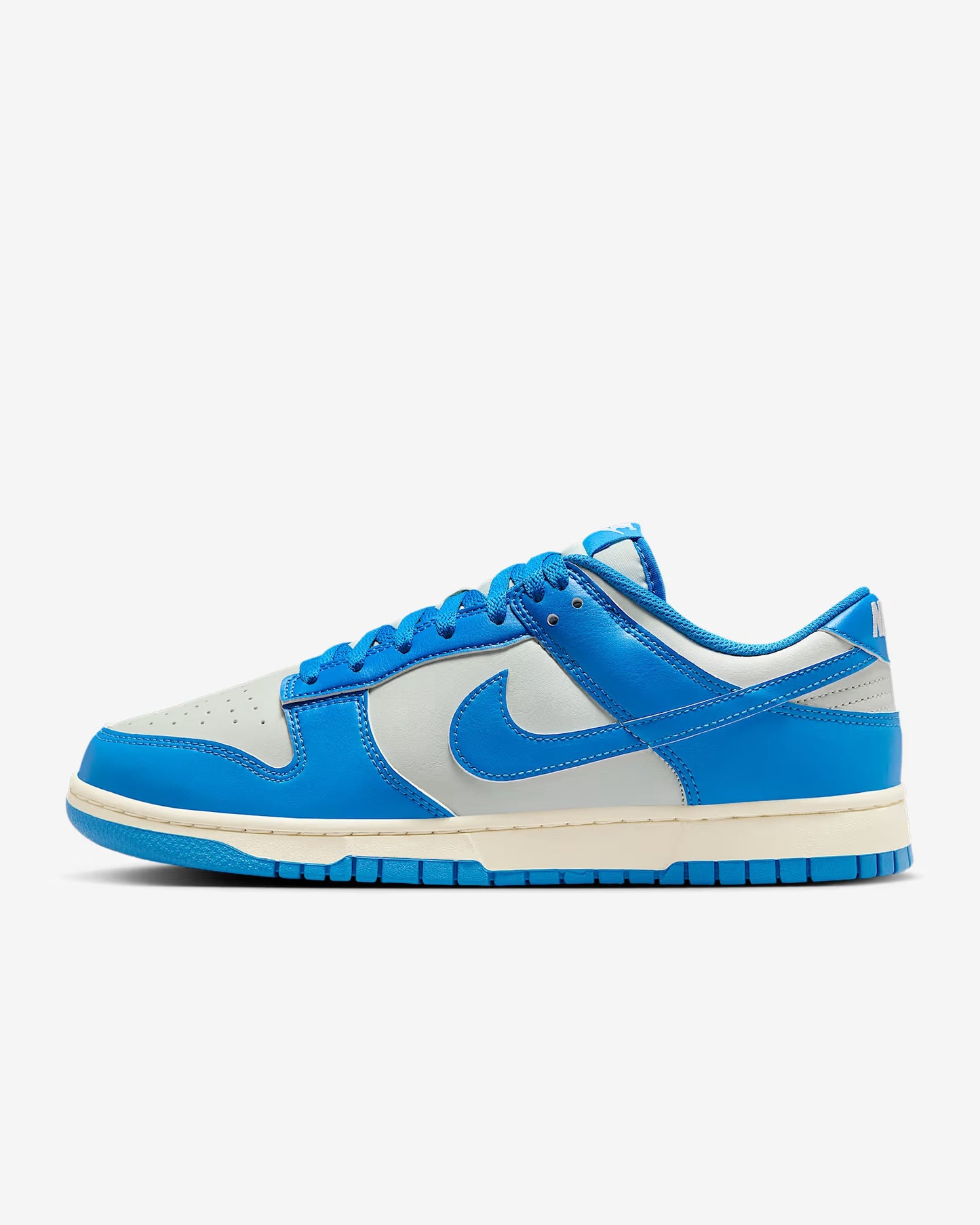 Blue and white sneaker with a prominent brand logo on a light gray background