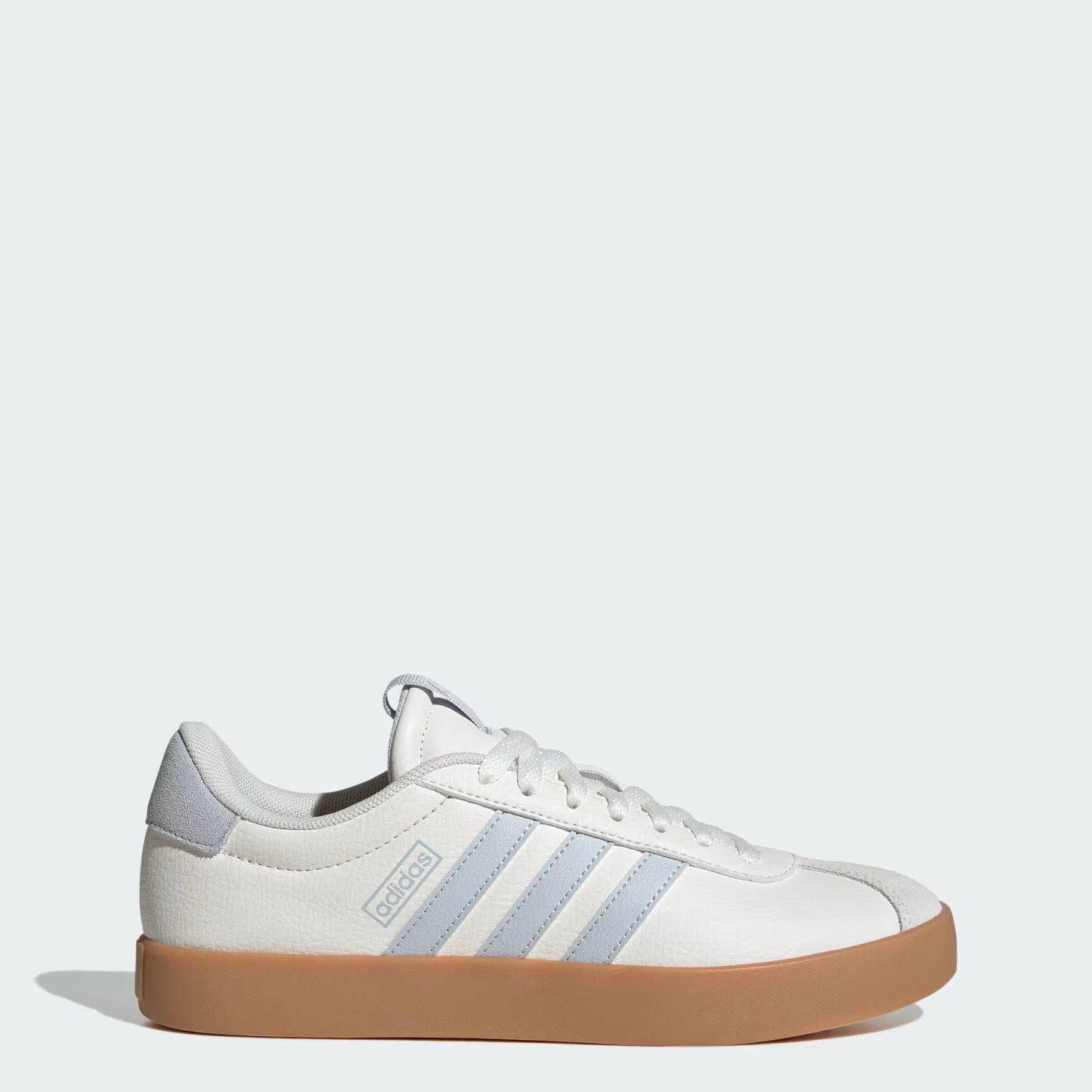 White sneaker with blue stripes on a white background