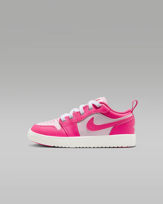 Pink sneaker with a white logo on a gray background