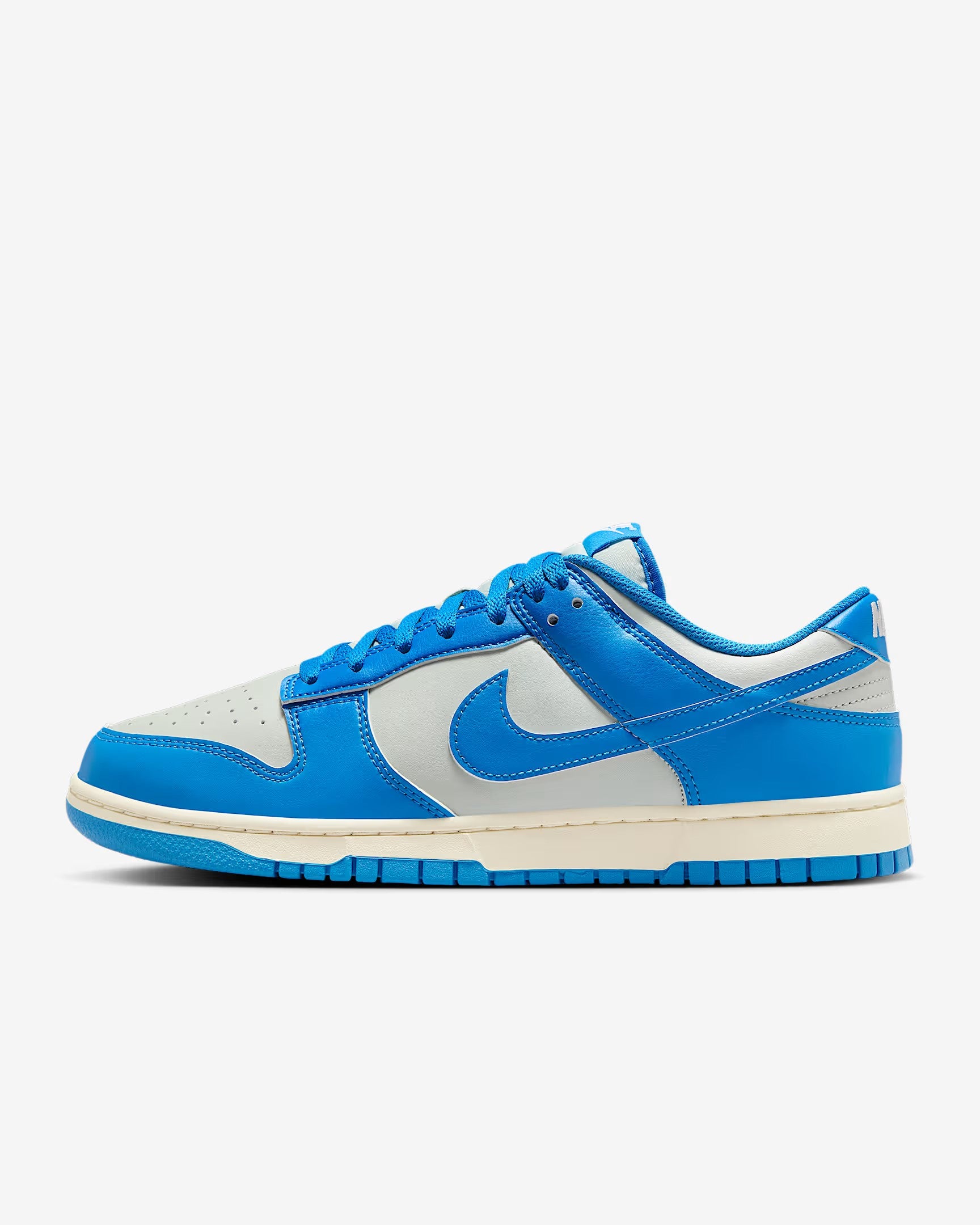 Blue and white sneaker with a prominent brand logo on a light gray background