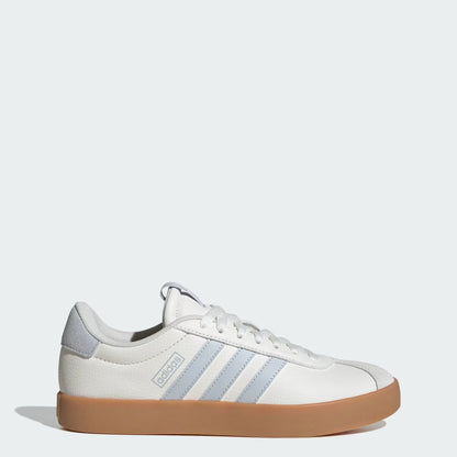 White sneaker with blue stripes on a white background